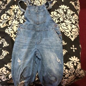 F21 distressed denim overalls